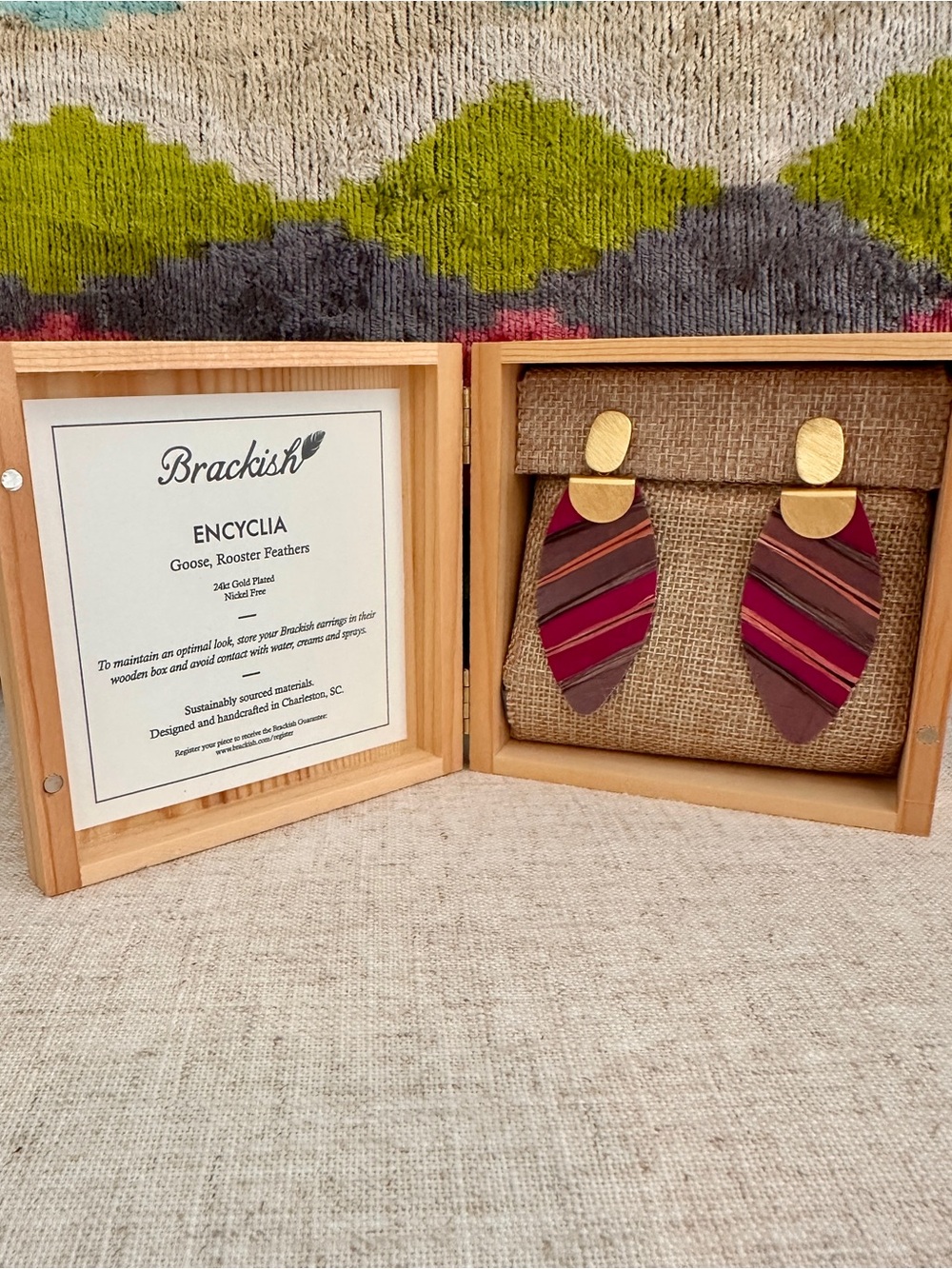 Brackish Encyclia Drop Feather Earrings
